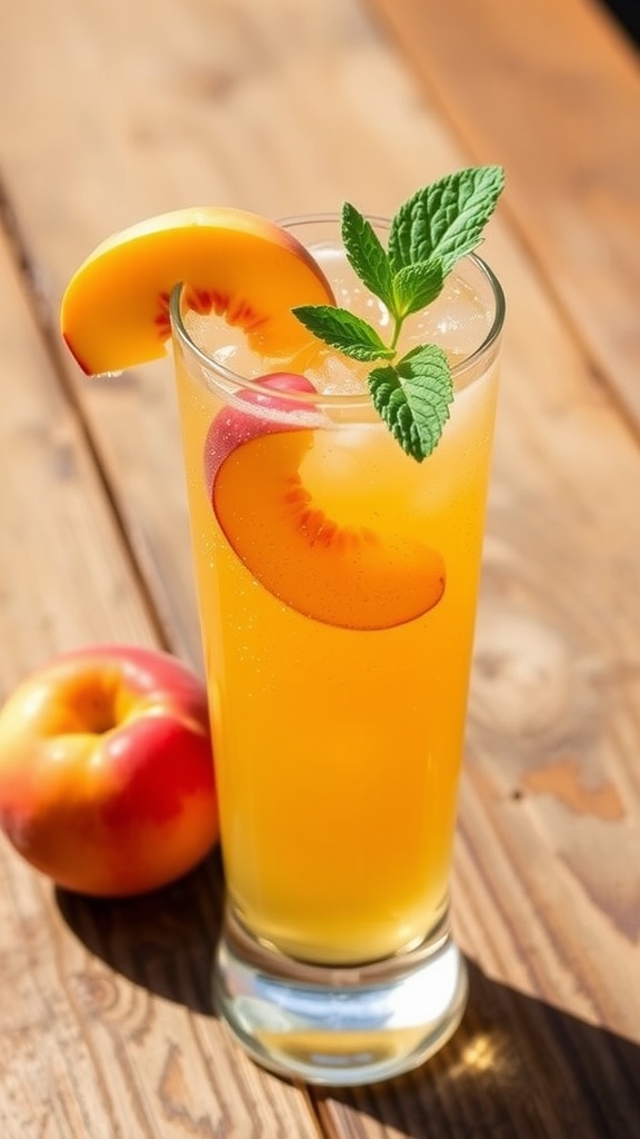 A tall glass of Ginger Peach Bourbon Fizz with peach slices and mint garnish on a wooden table.